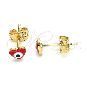Arete Dormilona 02.213.0187.1 *PROMO* Oro Laminado, Diseño de Ojo Griego y Corazón, Esmaltado Rojo, Tono Dorado
