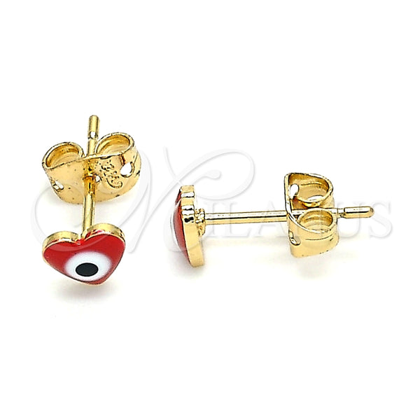 Arete Dormilona 02.213.0187.1 *PROMO* Oro Laminado, Diseño de Ojo Griego y Corazón, Esmaltado Rojo, Tono Dorado