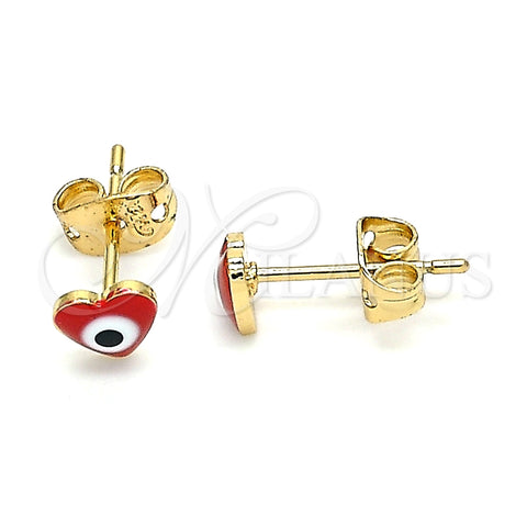 Arete Dormilona 02.213.0187.1 *PROMO* Oro Laminado, Diseño de Ojo Griego y Corazón, Esmaltado Rojo, Tono Dorado