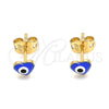 Arete Dormilona 02.213.0187.2 *PROMO* Oro Laminado, Diseño de Ojo Griego y Corazón, Esmaltado Azul, Tono Dorado