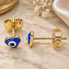 Arete Dormilona 02.213.0187.2 *PROMO* Oro Laminado, Diseño de Ojo Griego y Corazón, Esmaltado Azul, Tono Dorado