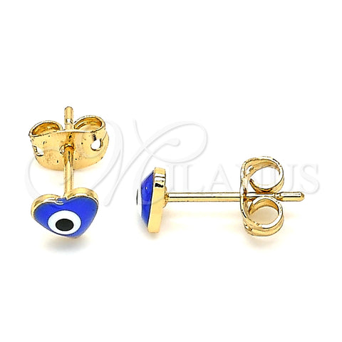 Arete Dormilona 02.213.0187.2 *PROMO* Oro Laminado, Diseño de Ojo Griego y Corazón, Esmaltado Azul, Tono Dorado