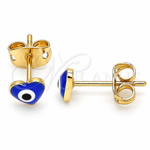 Arete Dormilona 02.213.0187.2 *PROMO* Oro Laminado, Diseño de Ojo Griego y Corazón, Esmaltado Azul, Tono Dorado
