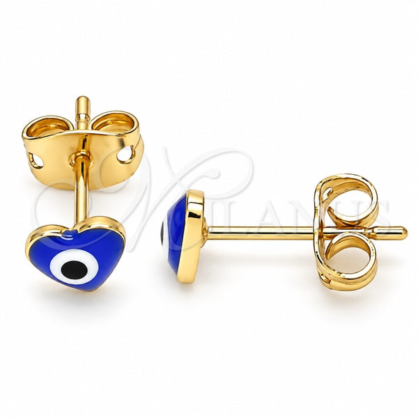 Arete Dormilona 02.213.0187.2 *PROMO* Oro Laminado, Diseño de Ojo Griego y Corazón, Esmaltado Azul, Tono Dorado