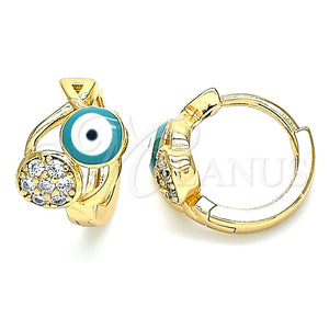 Argolla Huggie 02.213.0189.1.12 Oro Laminado, Diseño de Ojo Griego y Pescado, con Blanca Zirconia Cubica, Esmaltado Verde, Tono Dorado