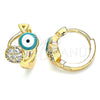 Argolla Huggie 02.213.0189.1.12 Oro Laminado, Diseño de Ojo Griego y Pescado, con Blanca Zirconia Cubica, Esmaltado Verde, Tono Dorado