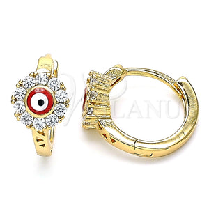 Argolla Huggie 02.213.0190.15 Oro Laminado, Diseño de Ojo Griego y Flor, con Blanca Zirconia Cubica, Esmaltado Rojo, Tono Dorado