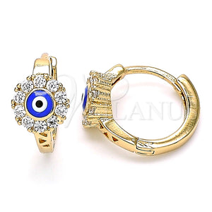 Argolla Huggie 02.213.0190.1.15 Oro Laminado, Diseño de Ojo Griego y Flor, con Zirconia Cubica Blanca, Esmaltado Azul, Tono Dorado