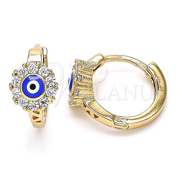 Argolla Huggie 02.213.0190.1.15 Oro Laminado, Diseño de Ojo Griego y Flor, con Zirconia Cubica Blanca, Esmaltado Azul, Tono Dorado