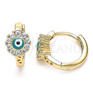 Argolla Huggie 02.213.0190.2.15 Oro Laminado, Diseño de Ojo Griego y Flor, con Blanca Zirconia Cubica, Esmaltado Verde, Tono Dorado