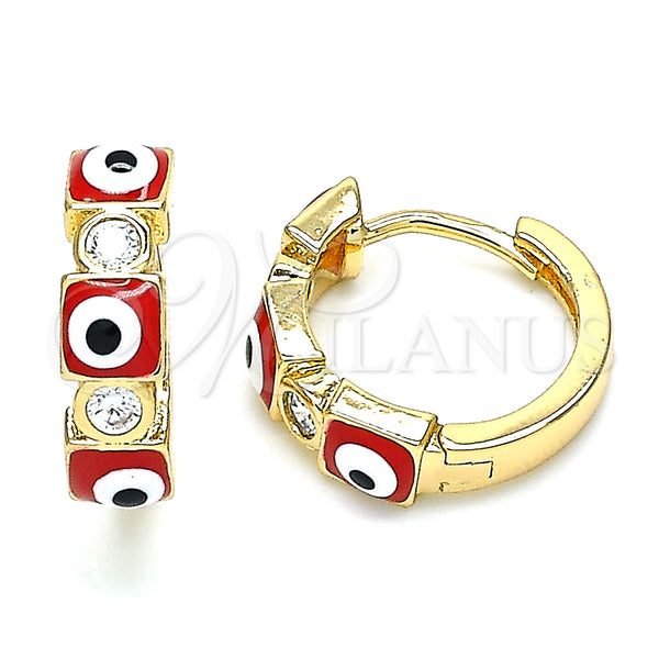Argolla Huggie 02.213.0192.15 Oro Laminado, Diseño de Ojo Griego, con Blanca Zirconia Cubica, Esmaltado Rojo, Tono Dorado