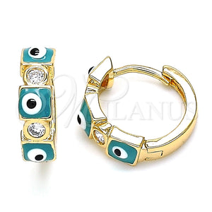 Argolla Huggie 02.213.0192.2.15 Oro Laminado, Diseño de Ojo Griego, con Blanca Zirconia Cubica, Esmaltado Verde, Tono Dorado
