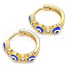 Argolla Huggie 02.213.0196.15 Oro Laminado, Diseño de Ojo Griego, con Zirconia Cubica Blanca, Esmaltado Azul, Tono Dorado