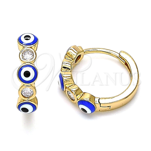 Argolla Huggie 02.213.0196.15 Oro Laminado, Diseño de Ojo Griego, con Zirconia Cubica Blanca, Esmaltado Azul, Tono Dorado