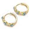 Argolla Huggie 02.213.0196.1.15 Oro Laminado, Diseño de Ojo Griego, con Blanca Zirconia Cubica, Esmaltado Verde, Tono Dorado
