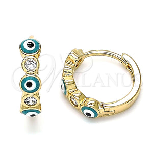 Argolla Huggie 02.213.0196.1.15 Oro Laminado, Diseño de Ojo Griego, con Blanca Zirconia Cubica, Esmaltado Verde, Tono Dorado
