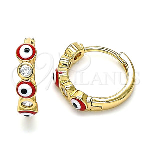 Argolla Huggie 02.213.0196.2.15 Oro Laminado, Diseño de Ojo Griego, con Blanca Zirconia Cubica, Esmaltado Rojo, Tono Dorado