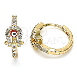 Argolla Huggie 02.213.0201.1.15 Oro Laminado, Diseño de Ojo Griego, con Blanca Micro Pave, Esmaltado Rojo, Tono Dorado