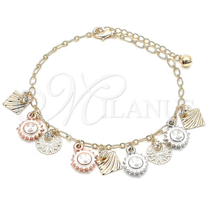 Tobillera de Dije 03.331.0056.10 Oro Laminado, Diseño de Sol, con Blanca Cristal, Pulido, Tres Tonos (03 MM Thickness, 10 Inches Length)