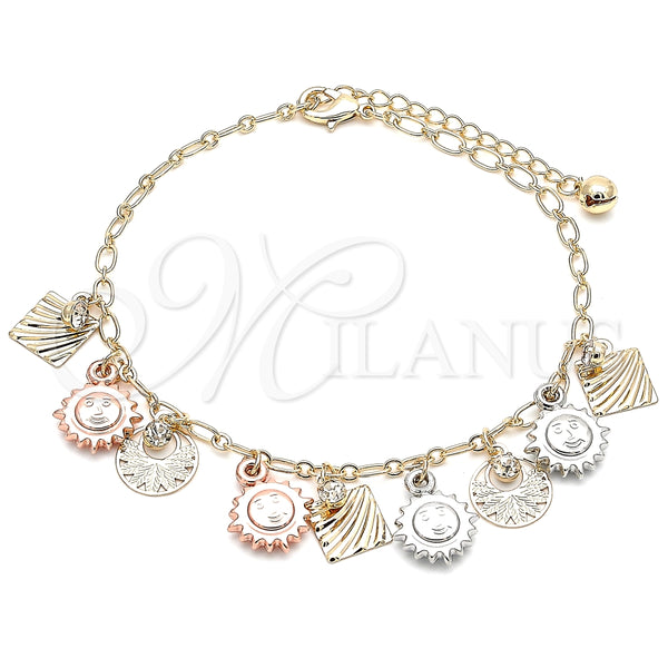Tobillera de Dije 03.331.0056.10 Oro Laminado, Diseño de Sol, con Blanca Cristal, Pulido, Tres Tonos (03 MM Thickness, 10 Inches Length)