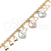 Tobillera de Dije 03.331.0058.10 Oro Laminado, Diseño de Corazón y Flor, Pulido, Tres Tonos (04 MM Thickness, 10 Inches Length)