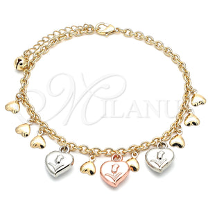 Tobillera de Dije 03.331.0058.10 Oro Laminado, Diseño de Corazón y Flor, Pulido, Tres Tonos (04 MM Thickness, 10 Inches Length)