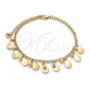 Tobillera de Dije 03.331.0059.10 Oro Laminado, Diseño de Bola y Gota, Mate, Tres Tonos (Grosor 03 MM, 10 Pulgadas de Largo)