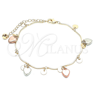 Tobillera de Dije 03.331.0060.10 Oro Laminado, Diseño de Corazón, Pulido, Tres Tonos (01 MM Thickness, 10 Inches Length)