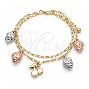 Tobillera de Dije 03.331.0061.10 Oro Laminado, Diseño de Cereza y Fresa, Pulido, Tres Tonos (Grosor 03 MM, 10 Pulgadas de Largo)