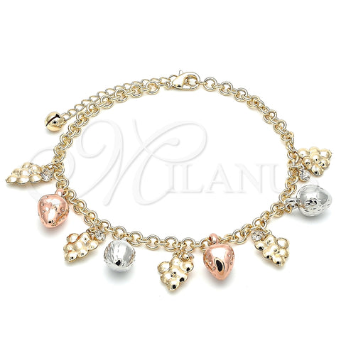 Tobillera de Dije 03.331.0063.10 Oro Laminado, Diseño de Fresa y Uva, con Blanca Cristal, Pulido, Tres Tonos (05 MM Thickness, 10 Inches Length)