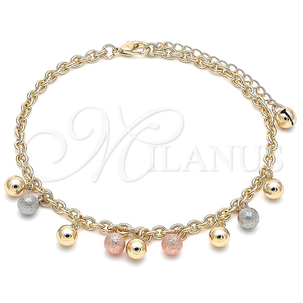 Tobillera de Dije 03.331.0069.10 Oro Laminado, Diseño de Bola, Mate, Tres Tonos (04 MM Thickness, 10 Inches Length)