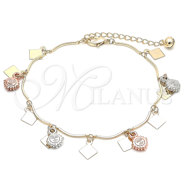 Tobillera de Dije 03.331.0076.10 Oro Laminado, Diseño de Sol, Pulido, Tres Tonos (01 MM Thickness, 10 Inches Length)