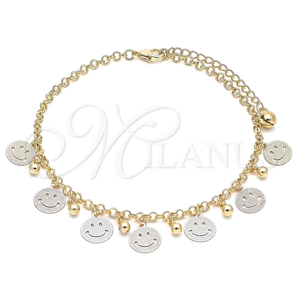 Tobillera de Dije 03.331.0078.10 Oro Laminado, Diseño de Carita Feliz y Bola, Pulido, Tres Tonos (03 MM Thickness, 10 Inches Length)