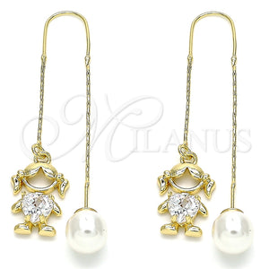 Arete Violador 02.380.0025.2 Oro Laminado, Diseño de Niñita Pequeña y Corazón, con Blanca Zirconia Cubica, Pulido, Tono Dorado