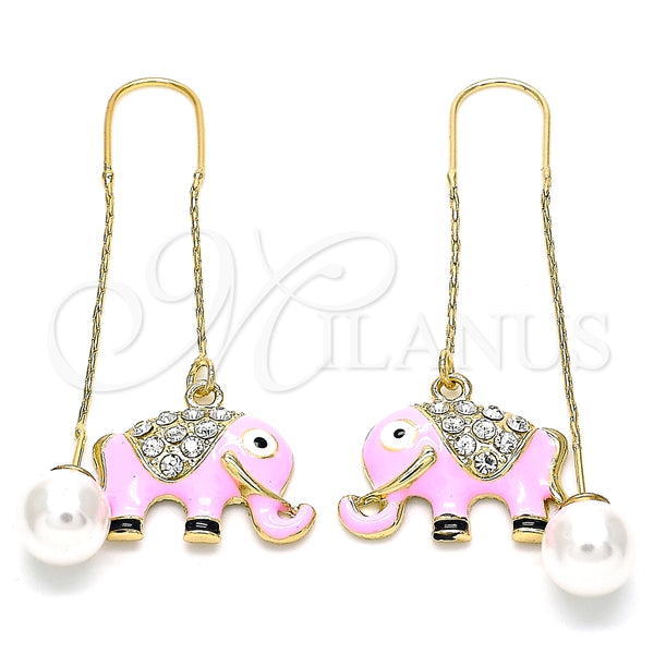 Arete Violador 02.380.0029 Oro Laminado, Diseño de Elefante, con Blanca Cristal, Esmaltado Rosado, Tono Dorado