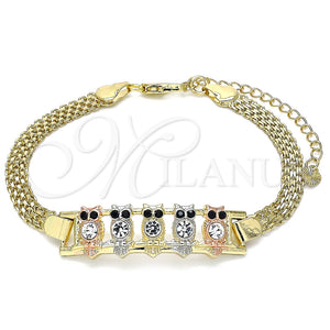 Pulsera Elegante 03.380.0018.08 Oro Laminado, Diseño de Búho, con Blanca and Negro Cristal, Pulido, Tres Tonos (05 MM Thickness, 8 Inches Length)