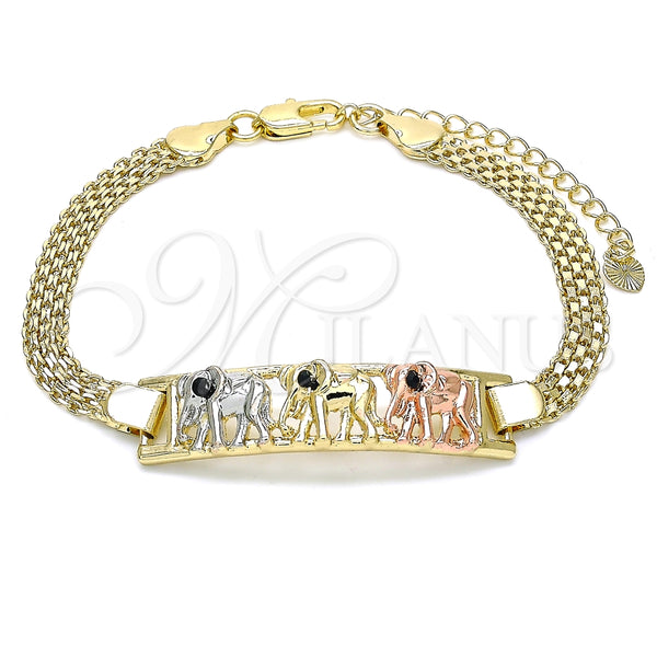 Pulsera Elegante 03.380.0019.08 Oro Laminado, Diseño de Elefante, con Negro Cristal, Pulido, Tres Tonos (05 MM Thickness, 8 Inches Length)
