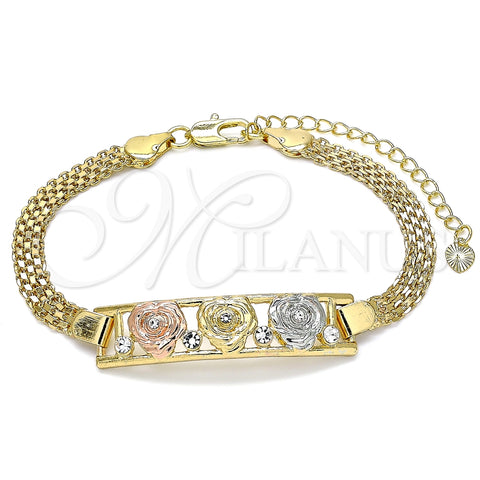 Pulsera Elegante 03.380.0023.08 Oro Laminado, Diseño de Flor, con Blanca Cristal, Pulido, Tres Tonos (05 MM Thickness, 8 Inches Length)