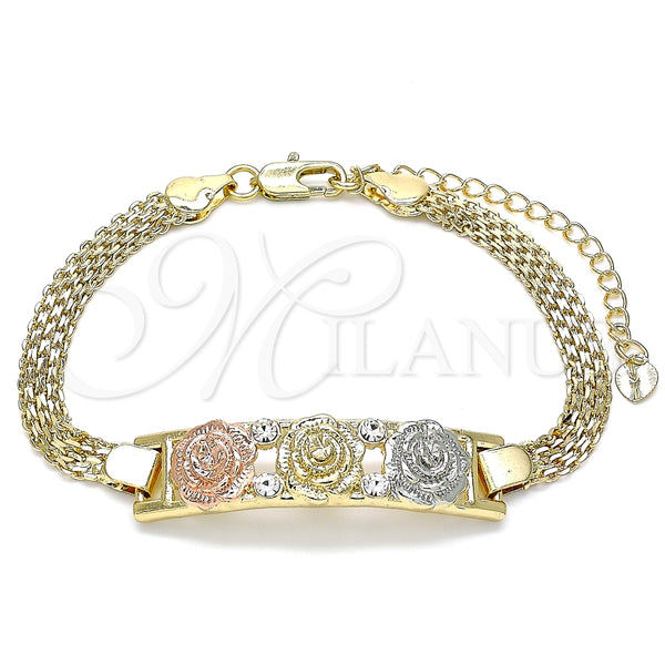 Pulsera Elegante 03.380.0024.08 Oro Laminado, Diseño de Flor, con Blanca Cristal, Pulido, Tres Tonos (05 MM Thickness, 8 Inches Length)