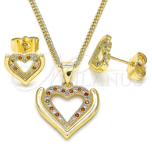 Juego de Arete y Dije de Adulto 10.156.0315.1 Oro Laminado, Diseño de Corazón, con Granate and Blanca Micro Pave, Pulido, Tono Dorado