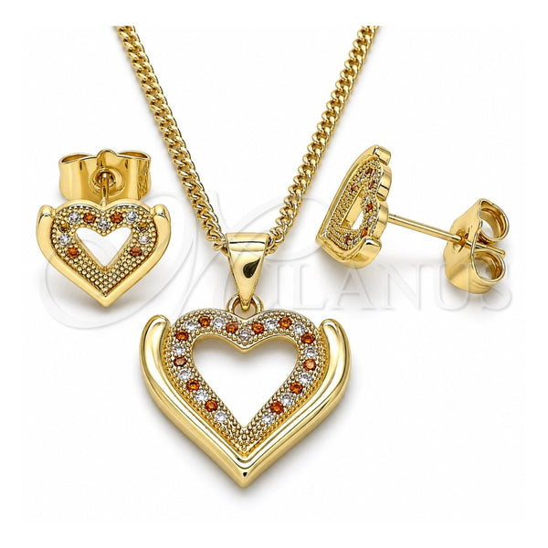 Juego de Arete y Dije de Adulto 10.156.0315.1 Oro Laminado, Diseño de Corazón, con Granate and Blanca Micro Pave, Pulido, Tono Dorado