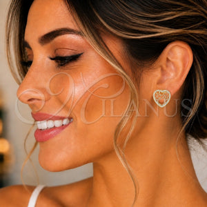 Arete Dormilona 02.156.0512 Oro Laminado, Diseño de Corazón, con Blanca Micro Pave, Pulido, Tono Dorado