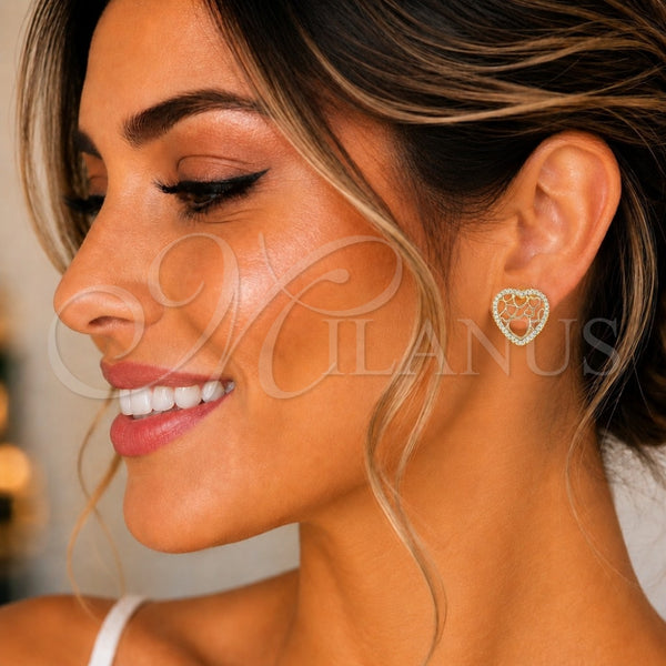Arete Dormilona 02.156.0512 Oro Laminado, Diseño de Corazón, con Blanca Micro Pave, Pulido, Tono Dorado