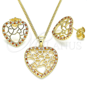Juego de Arete y Dije de Adulto 10.156.0316.1 Oro Laminado, Diseño de Corazón, con Granate and Blanca Micro Pave, Pulido, Tono Dorado