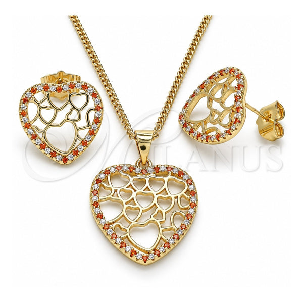 Juego de Arete y Dije de Adulto 10.156.0316.1 Oro Laminado, Diseño de Corazón, con Granate and Blanca Micro Pave, Pulido, Tono Dorado
