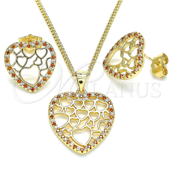 Juego de Arete y Dije de Adulto 10.156.0316.1 Oro Laminado, Diseño de Corazón, con Granate and Blanca Micro Pave, Pulido, Tono Dorado