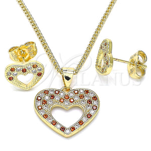 Juego de Arete y Dije de Adulto 10.156.0317.1 Oro Laminado, Diseño de Corazón, con Granate and Blanca Micro Pave, Pulido, Tono Dorado
