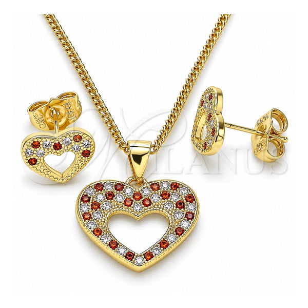 Juego de Arete y Dije de Adulto 10.156.0317.1 Oro Laminado, Diseño de Corazón, con Granate and Blanca Micro Pave, Pulido, Tono Dorado