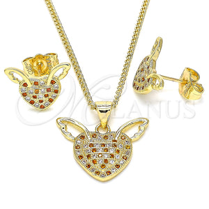 Juego de Arete y Dije de Adulto 10.156.0318.1 Oro Laminado, Diseño de Corazón, con Granate and Blanca Micro Pave, Pulido, Tono Dorado