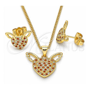Juego de Arete y Dije de Adulto 10.156.0318.1 Oro Laminado, Diseño de Corazón, con Granate and Blanca Micro Pave, Pulido, Tono Dorado